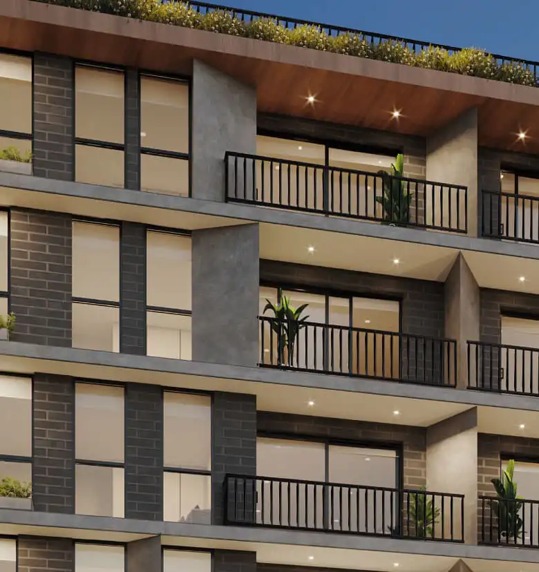 Render de balcon amplia con vista urbana en departamentos en venta en Surco - Proyecto Instant