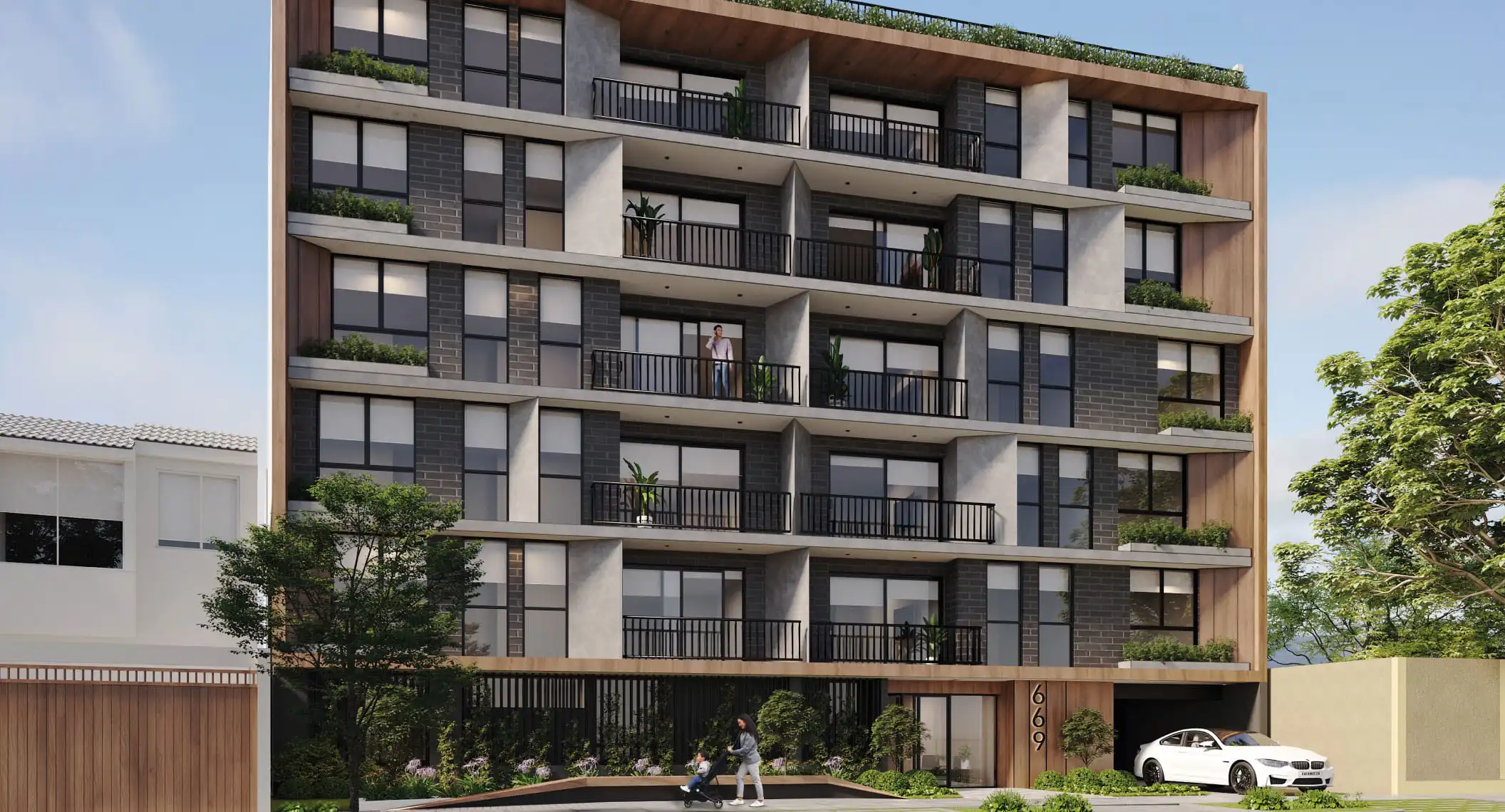 Render de la fachada principal del edificio de departamentos de estreno en Surco. Proyecto Instant.