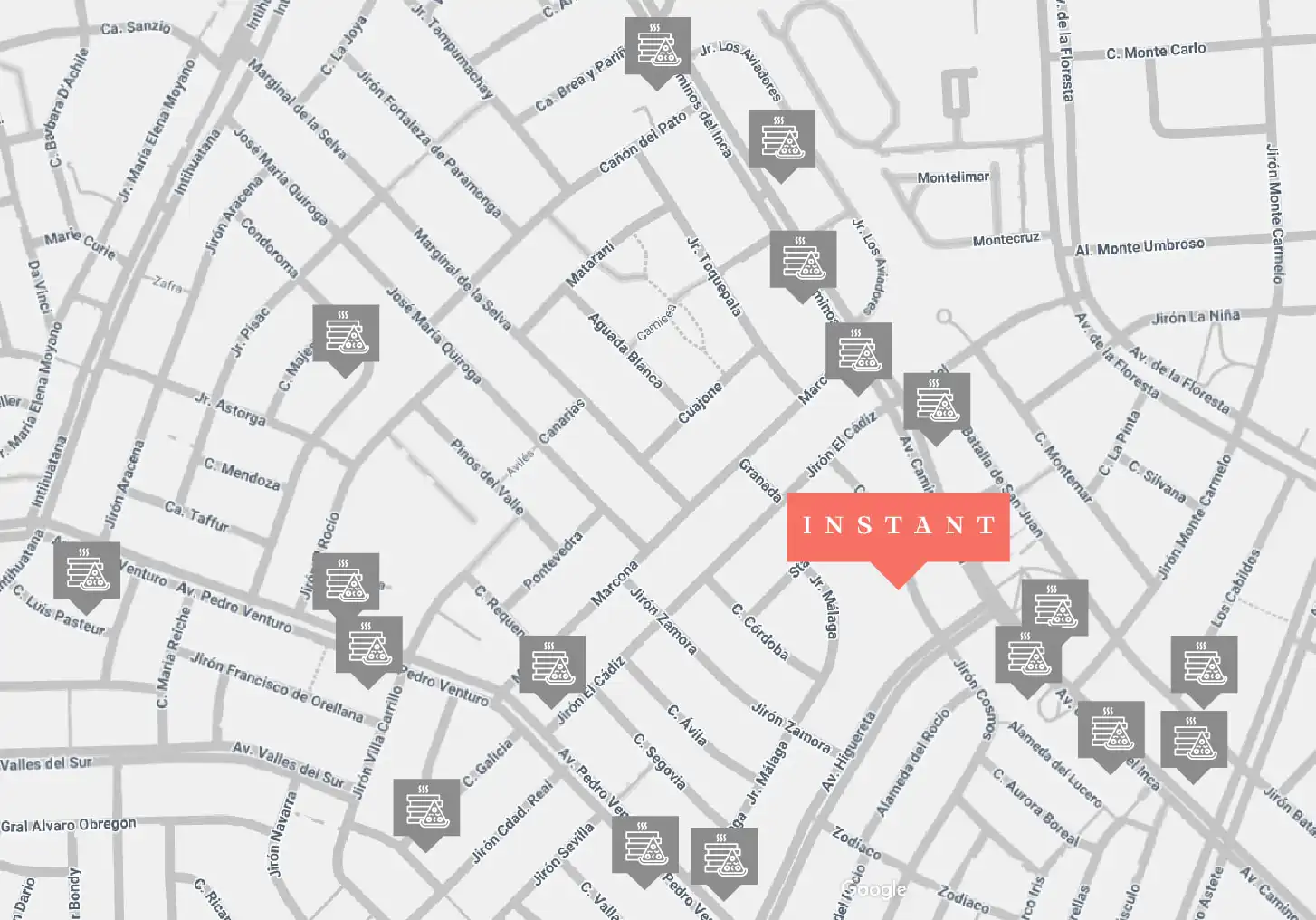 Mapa de oferta gastronómica y restaurantes en la zona del Proyecto Instant en Surco