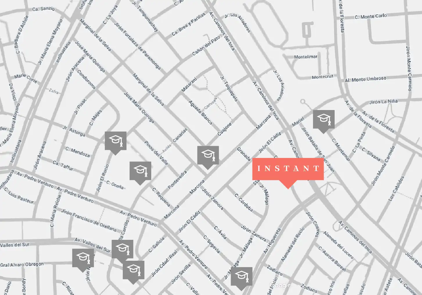 Mapa de colegios e instituciones educativas cercanas al Proyecto Instant en Surco